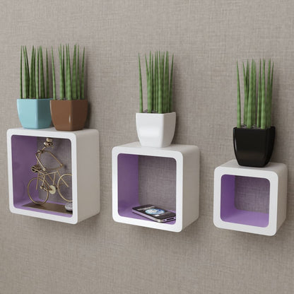 Conjunto de 3 prateleiras de parede, cubos, MDF, branco-roxo