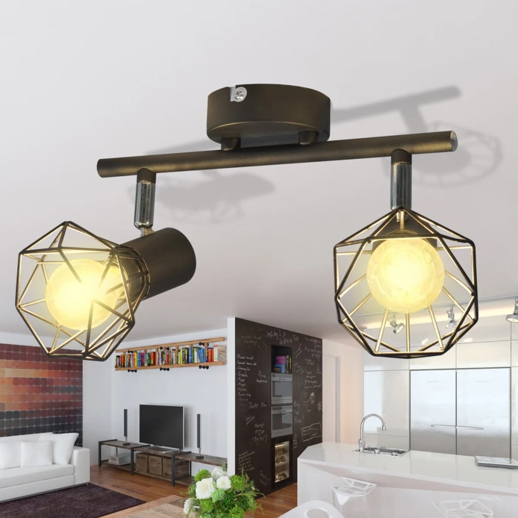 Candeeiro estilo industrial com 2 lâmpadas de filamento LED preto