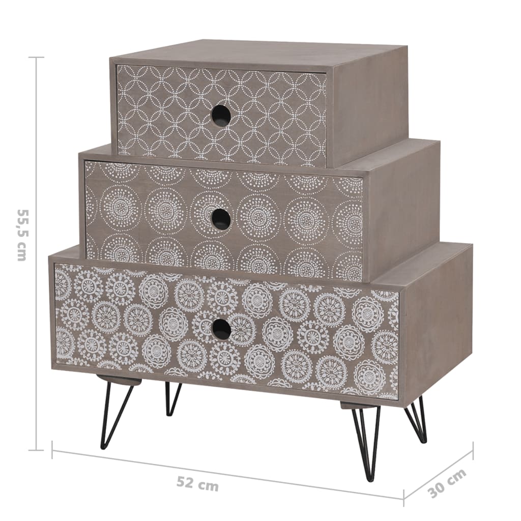 Mesa de cabeceira com 3 gavetas cinzento e castanho