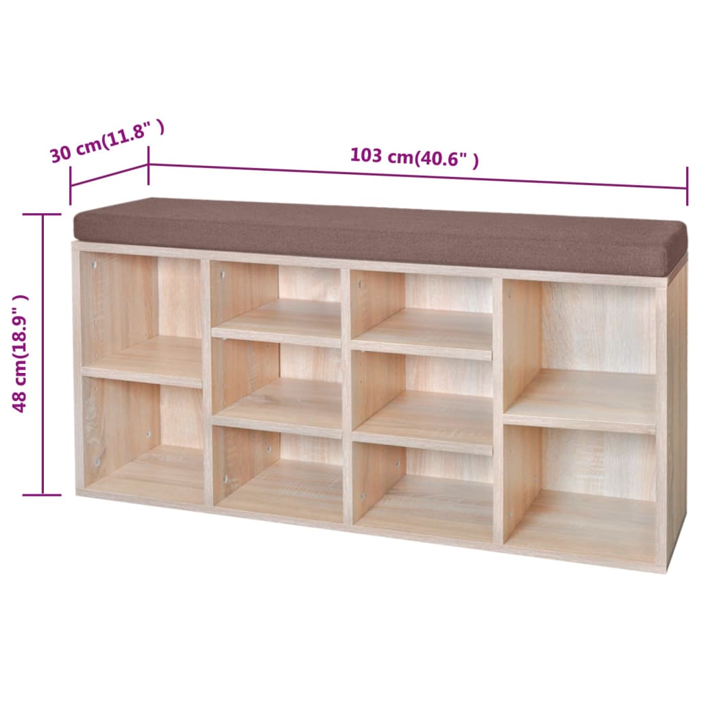 Sapateira com Banco Almofadado Castanho - Estrutura Cor Carvalho - Com 10 Compartimentos - 103x30x48 cm - Painel Compensado de Melamina