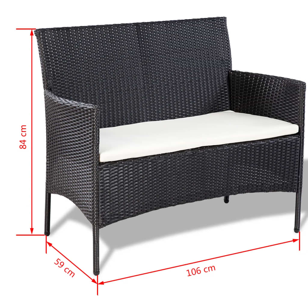 4 pcs conjunto lounge de jardim c/ almofadões vime PE preto