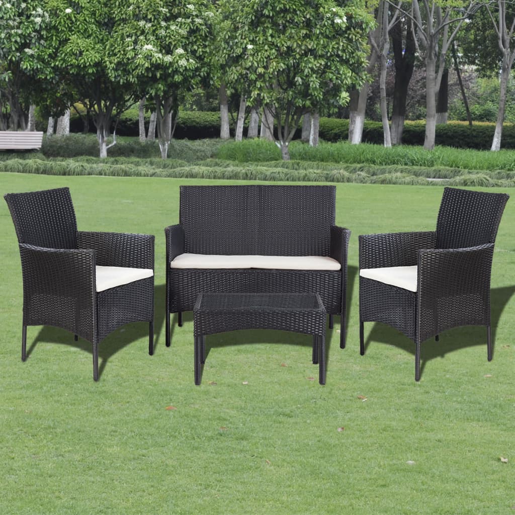 4 pcs conjunto lounge de jardim c/ almofadões vime PE preto