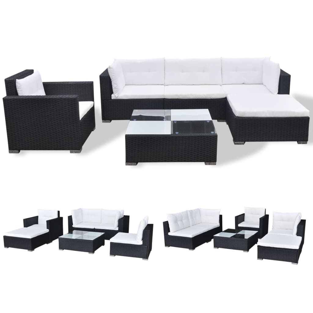 6 pcs conjunto lounge de jardim c/ almofadões vime PE preto