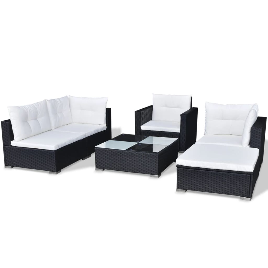 6 pcs conjunto lounge de jardim c/ almofadões vime PE preto