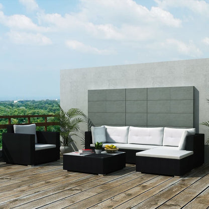 6 pcs conjunto lounge de jardim c/ almofadões vime PE preto