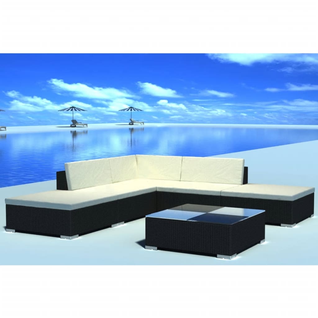 6 pcs conjunto lounge de jardim c/ almofadões vime PE preto