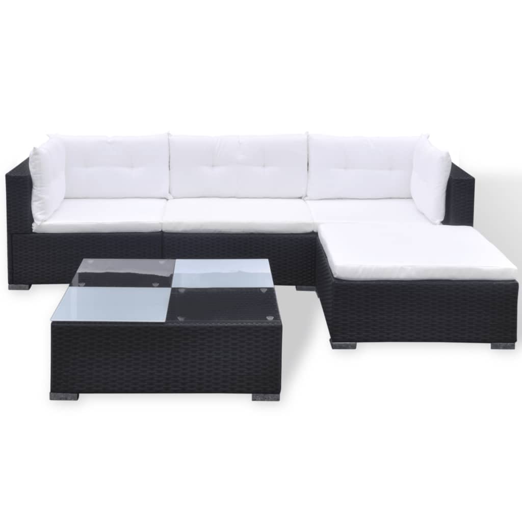 5 pcs conjunto lounge de jardim c/ almofadões vime PE preto