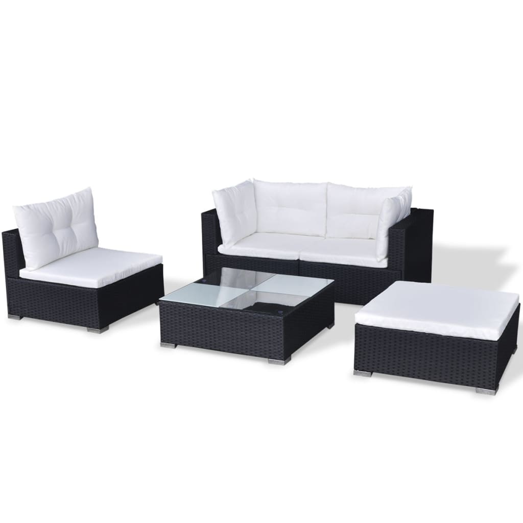 5 pcs conjunto lounge de jardim c/ almofadões vime PE preto