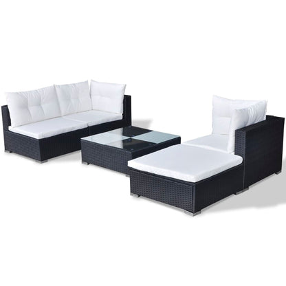 5 pcs conjunto lounge de jardim c/ almofadões vime PE preto