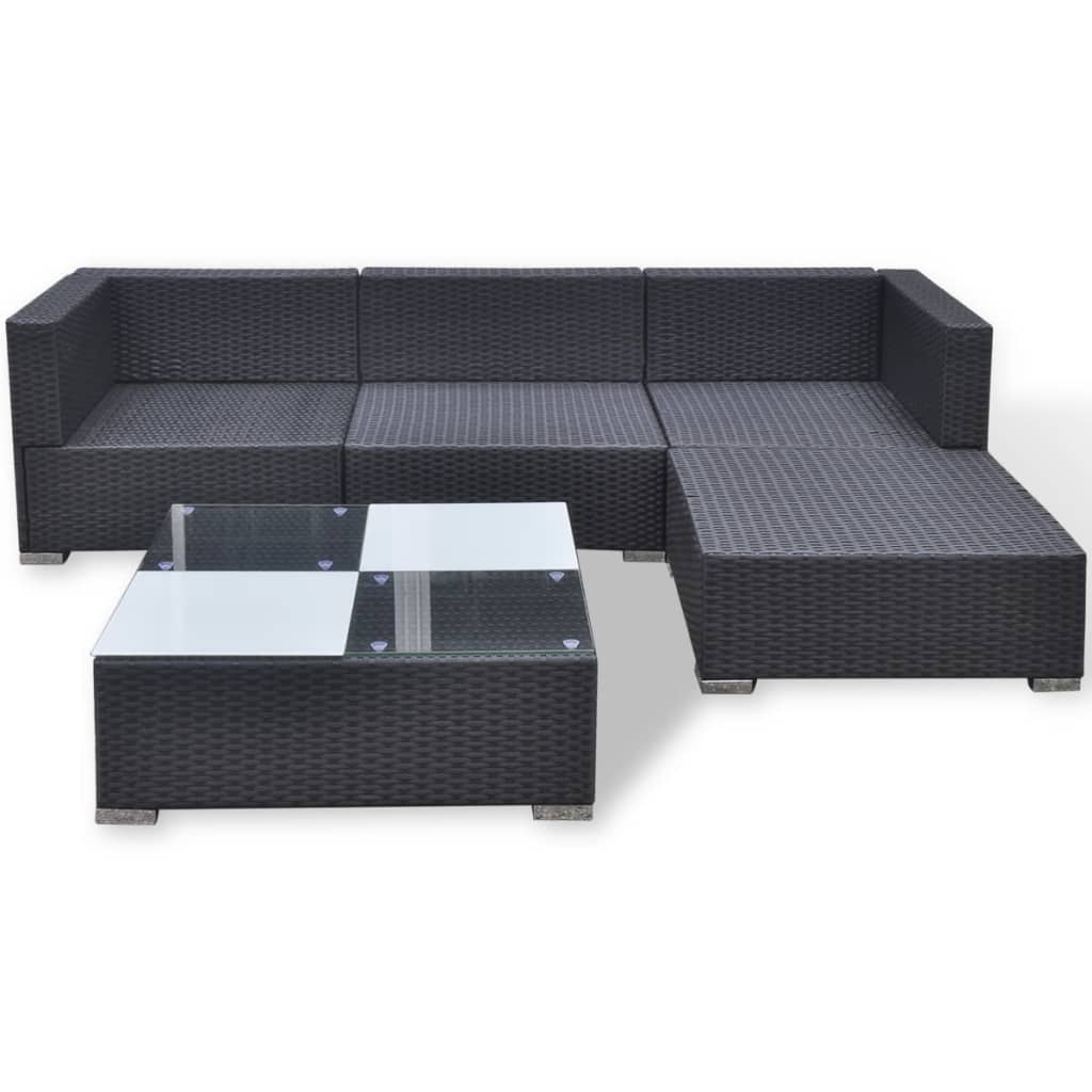 5 pcs conjunto lounge de jardim c/ almofadões vime PE preto