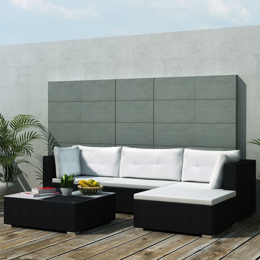 5 pcs conjunto lounge de jardim c/ almofadões vime PE preto