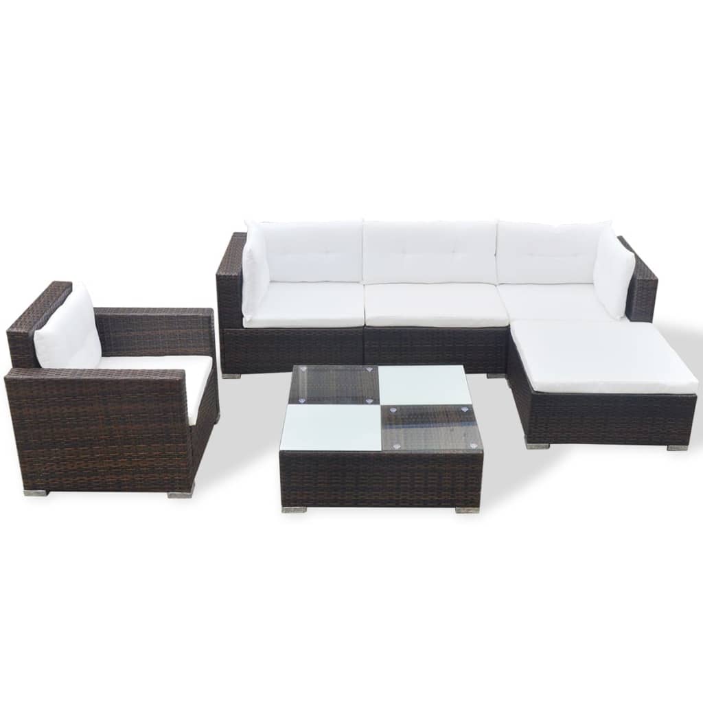 6 pcs conjunto lounge jardim c/ almofadões vime PE castanho