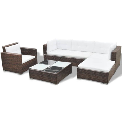 6 pcs conjunto lounge jardim c/ almofadões vime PE castanho