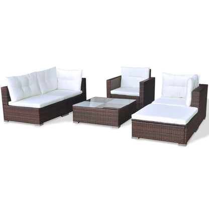 6 pcs conjunto lounge jardim c/ almofadões vime PE castanho