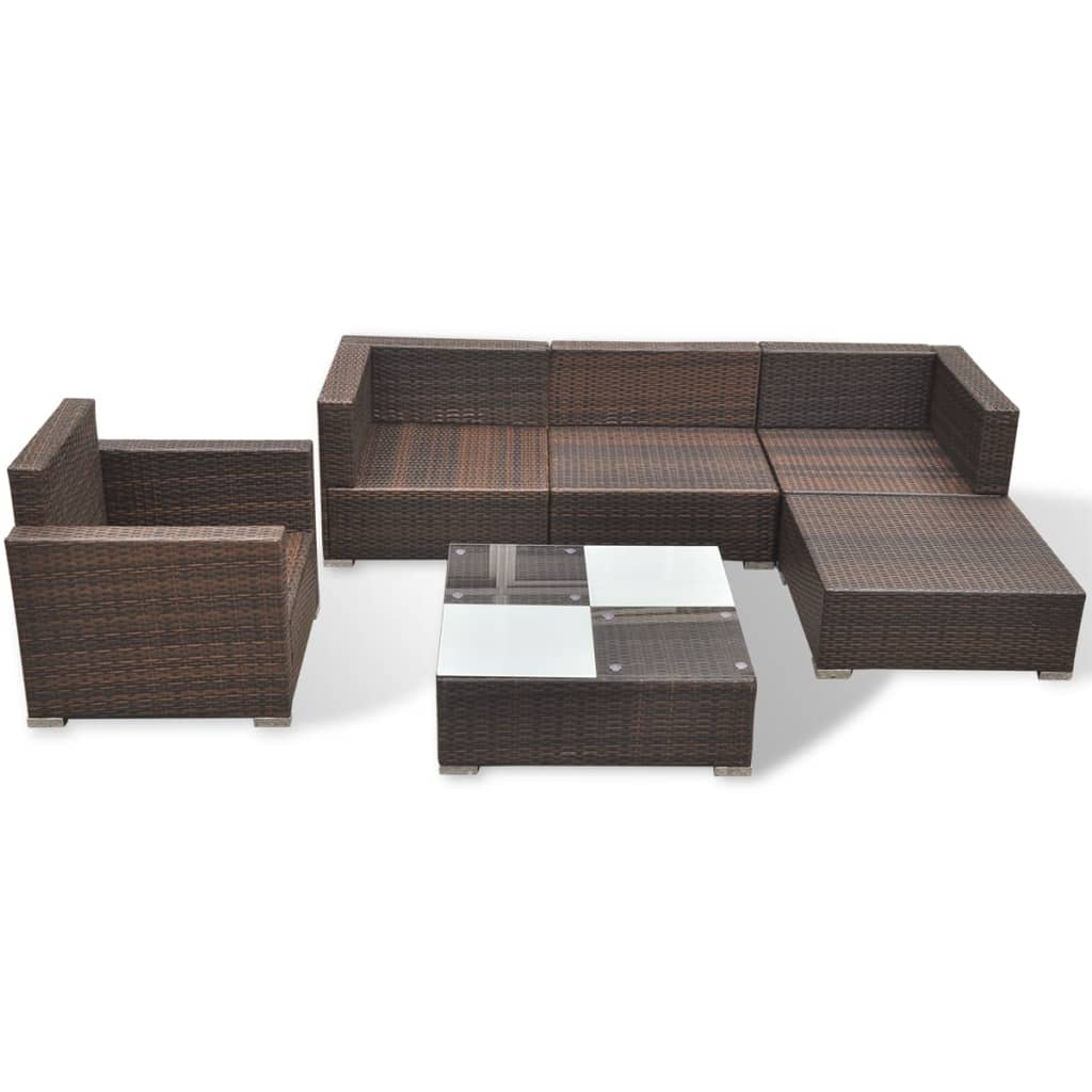 6 pcs conjunto lounge jardim c/ almofadões vime PE castanho