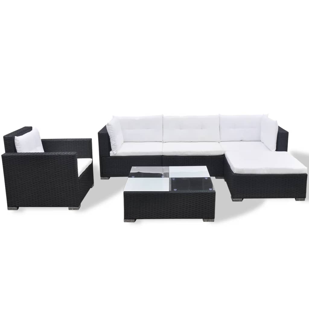 6 pcs conjunto lounge de jardim c/ almofadões vime PE preto