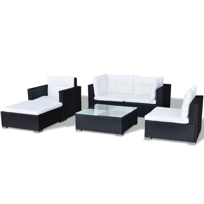 6 pcs conjunto lounge de jardim c/ almofadões vime PE preto