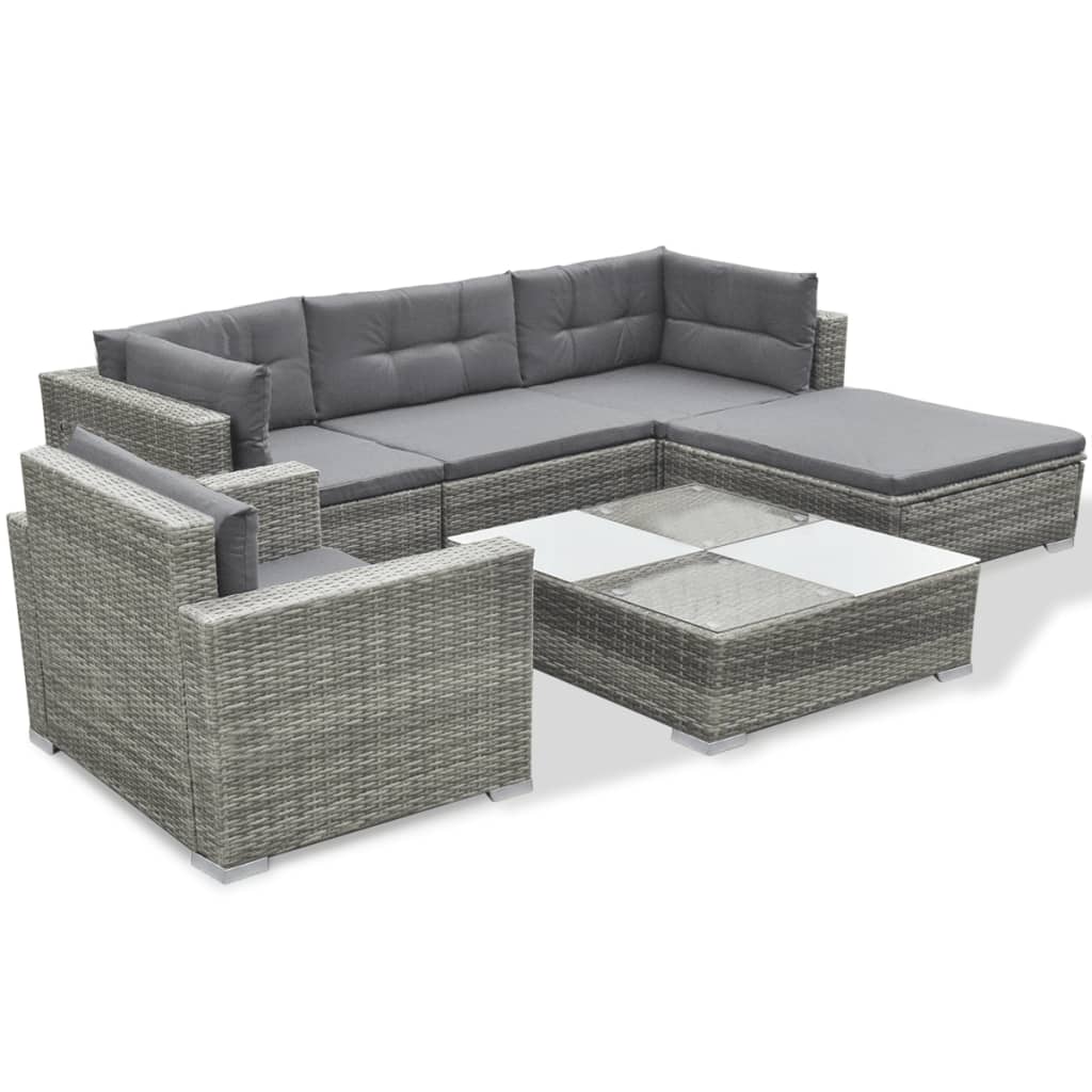 6 pcs conjunto lounge de jardim c/ almofadões vime PE cinzento