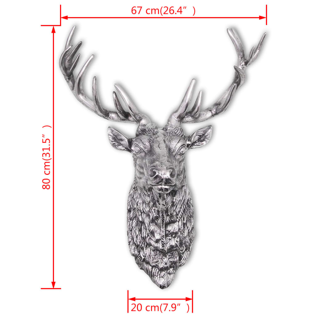 Cabeça de veado decorativa de parede, alumínio prateado