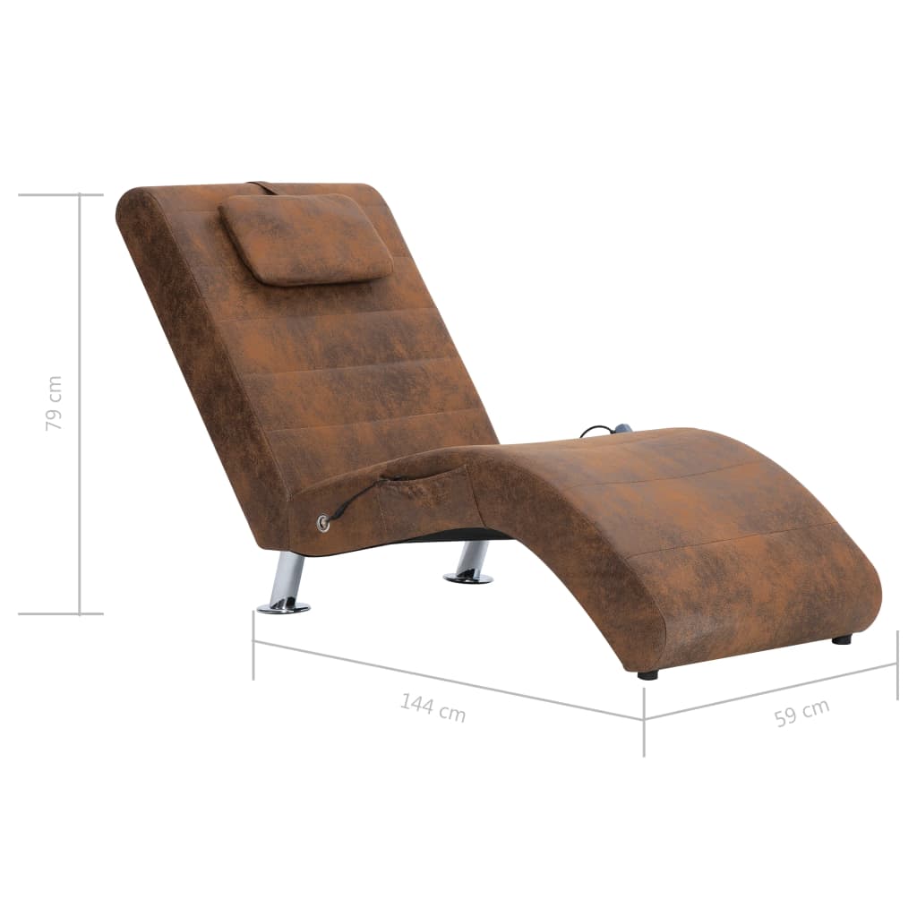 Chaise longue massagem c/ almofada camurça artificial castanho