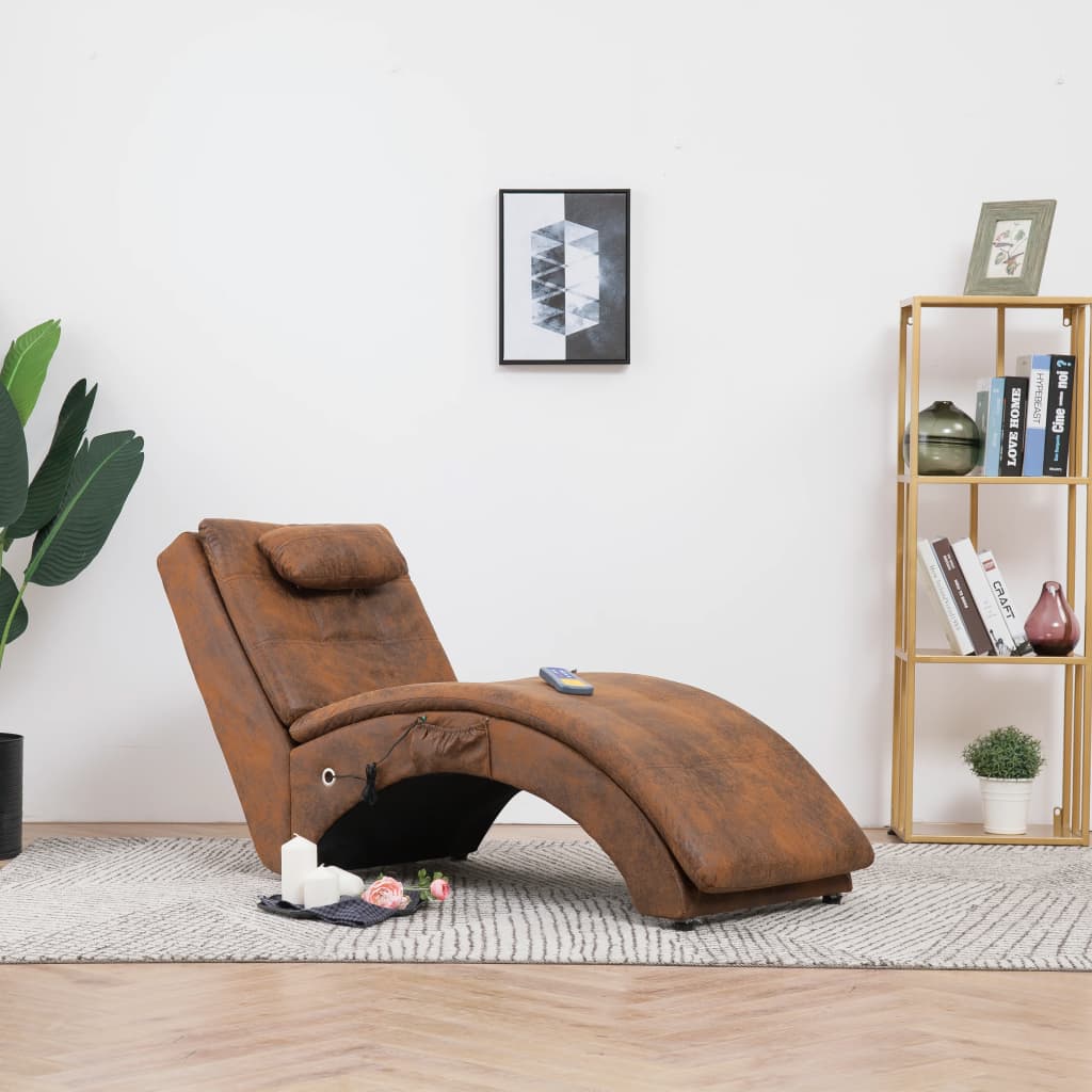 Chaise Longue Massima com Almofada, Massagens e Aquecimento em Camurça Artificial -  Castanho - Design Vintage