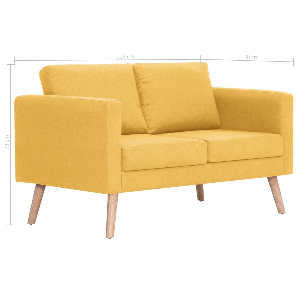 Sofá Pinhal - De 2 Lugares - Cor Amarelo - Em Tecido Suave, Estrutura em Madeira e Assento e Almofadas Densamente Acolchoadas - 116x70x73 cm - Design Nórdico