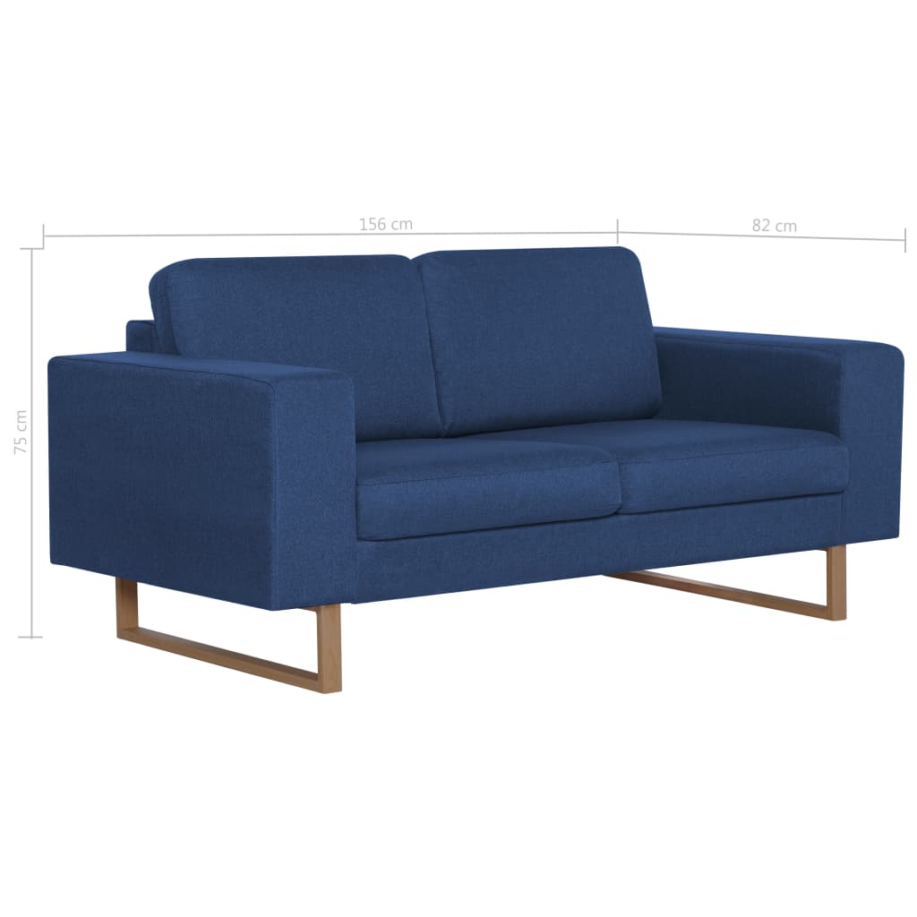 Sofá Valença de 2 Lugares - Em Tecido - Cor Azul - 156x82x76 cm - Estrutura em Madeira e Pés em Ferro com um Acabamento Decorativo de Madeira - Design Moderno