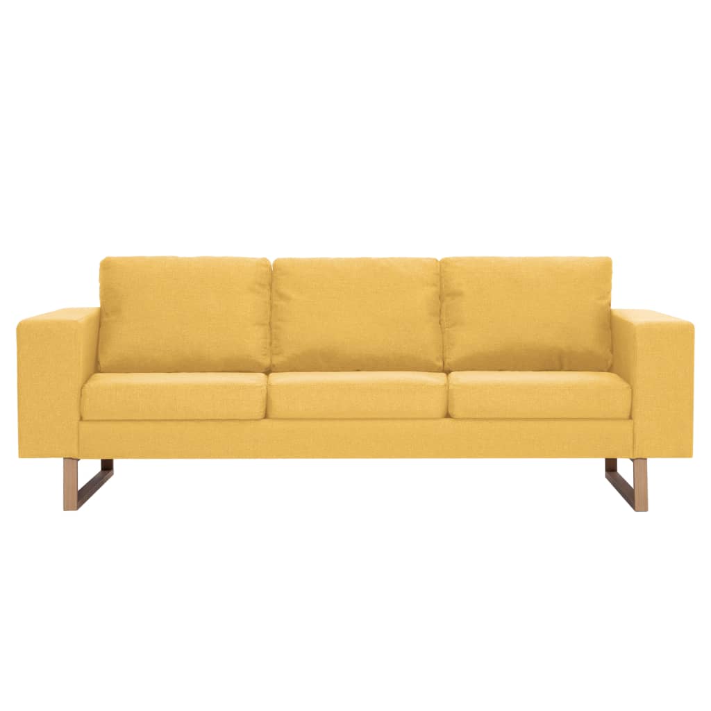 Sofá Valença de 3 Lugares - Em Tecido - Cor Amarelo - 200x82x75 cm - Estrutura em Madeira e Pés em Ferro com um Acabamento Decorativo de Madeira - Design Moderno