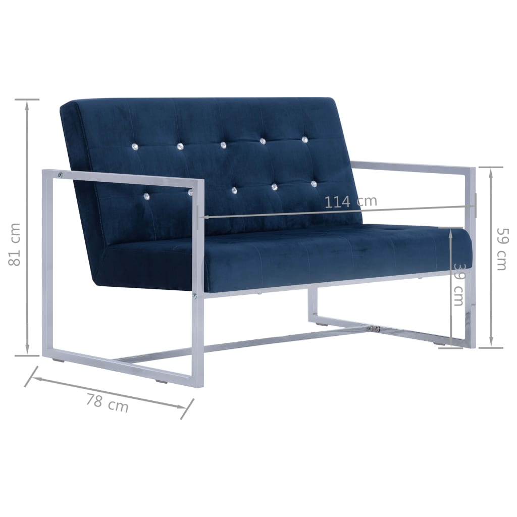 Sofá Telma - De 2 Lugares - Cor Azul - Em Veludo - Acolchoado com Enchimento de Espuma Macia Para um Maior Conforto e Pernas Cromadas - 114x78x81 cm - Design Moderno