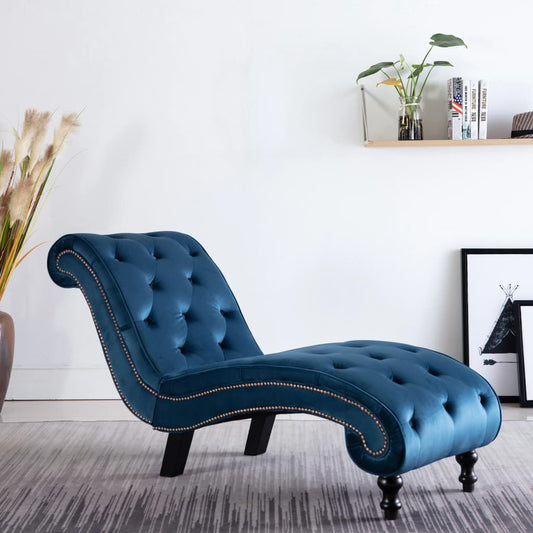 Chaise Longue Elia em Veludo -  Azul - Design Vintage