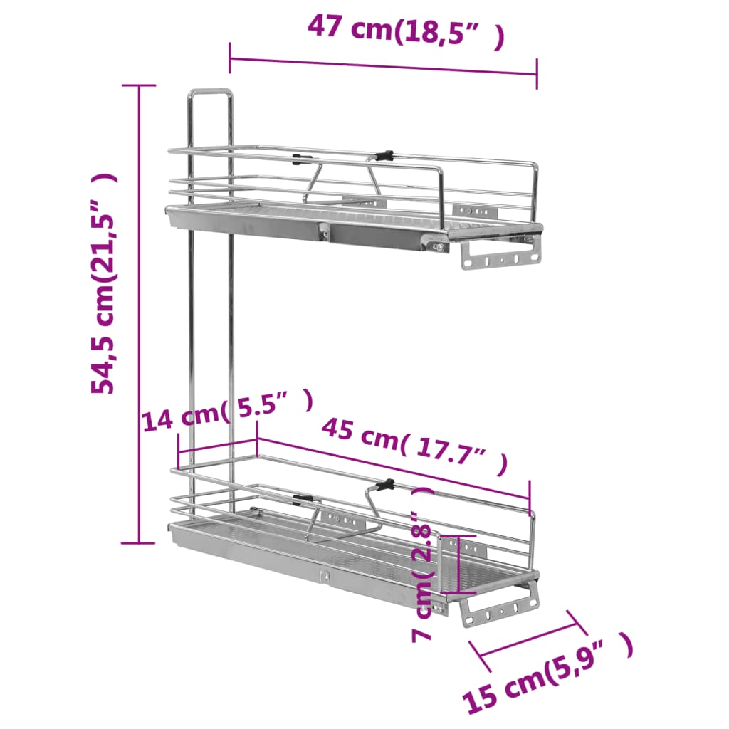 Unidade cestos p/ cozinha 2 pcs 47x15x54,5 cm arame prateado