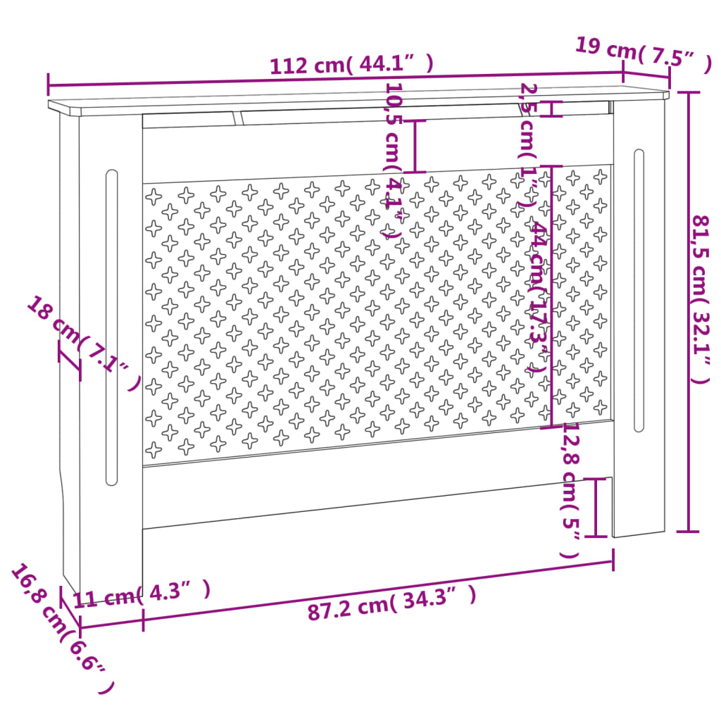 Cobertura de radiador 112x19x81,5 cm MDF branco