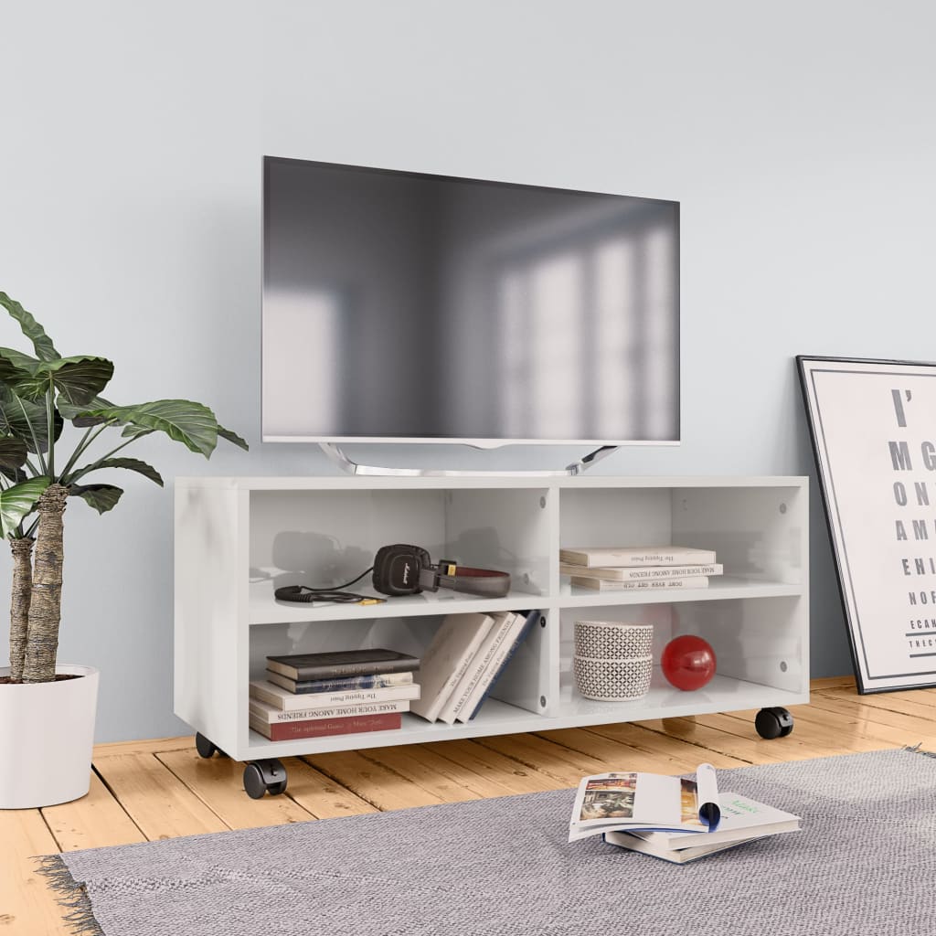 Móvel de TV com rodas 90x35x35cm contraplacado branco brilhante