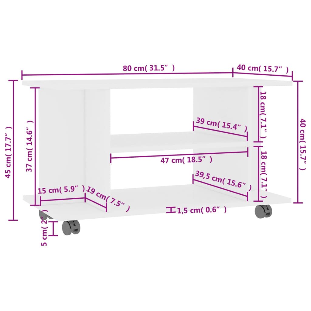 Móvel de TV com rodas 80x40x40 cm contraplacado branco