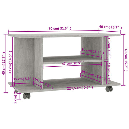 Móvel de TV com rodas 80x40x45cm deriv.madeira cinzento cimento