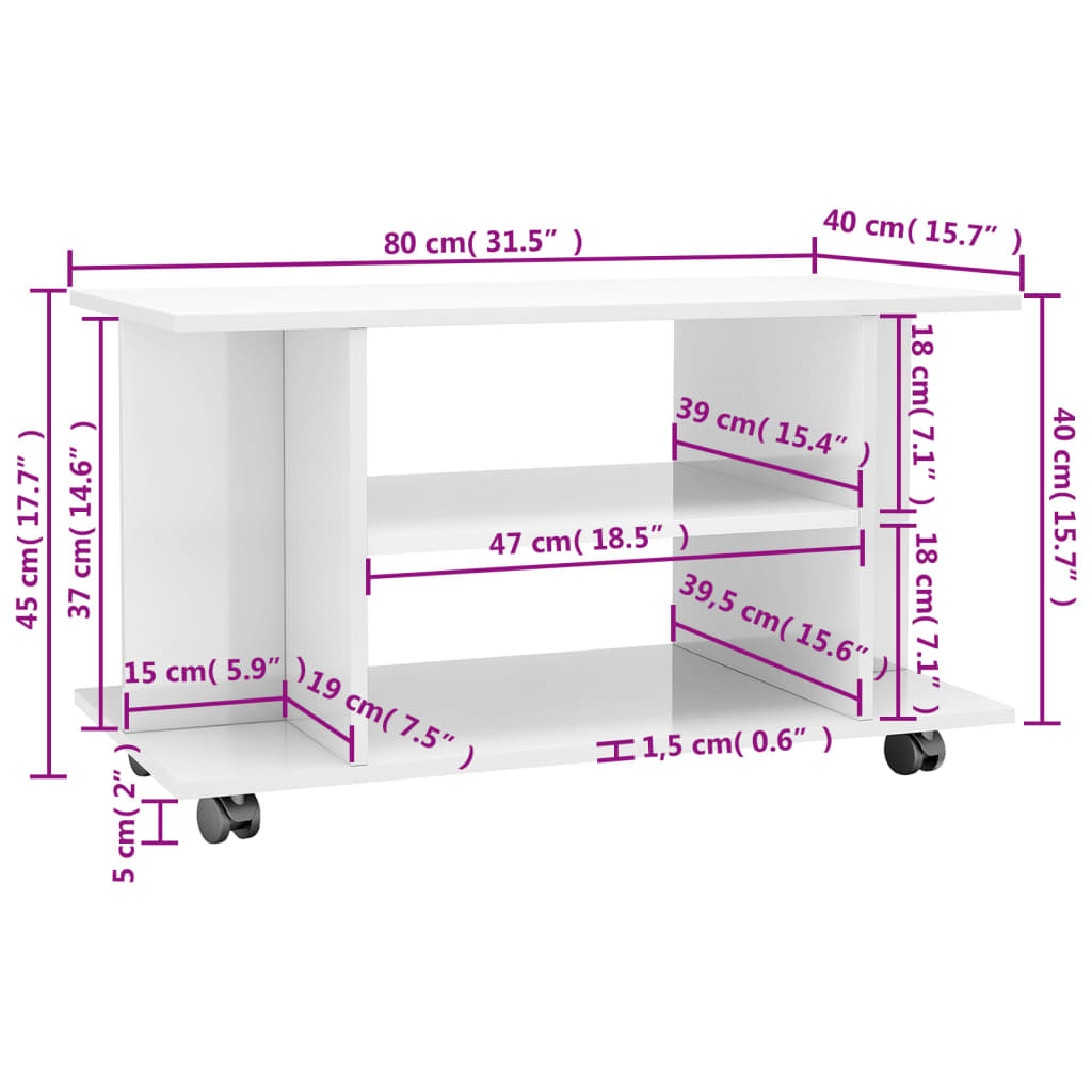 Móvel de TV com rodas 80x40x40cm contraplacado branco brilhante