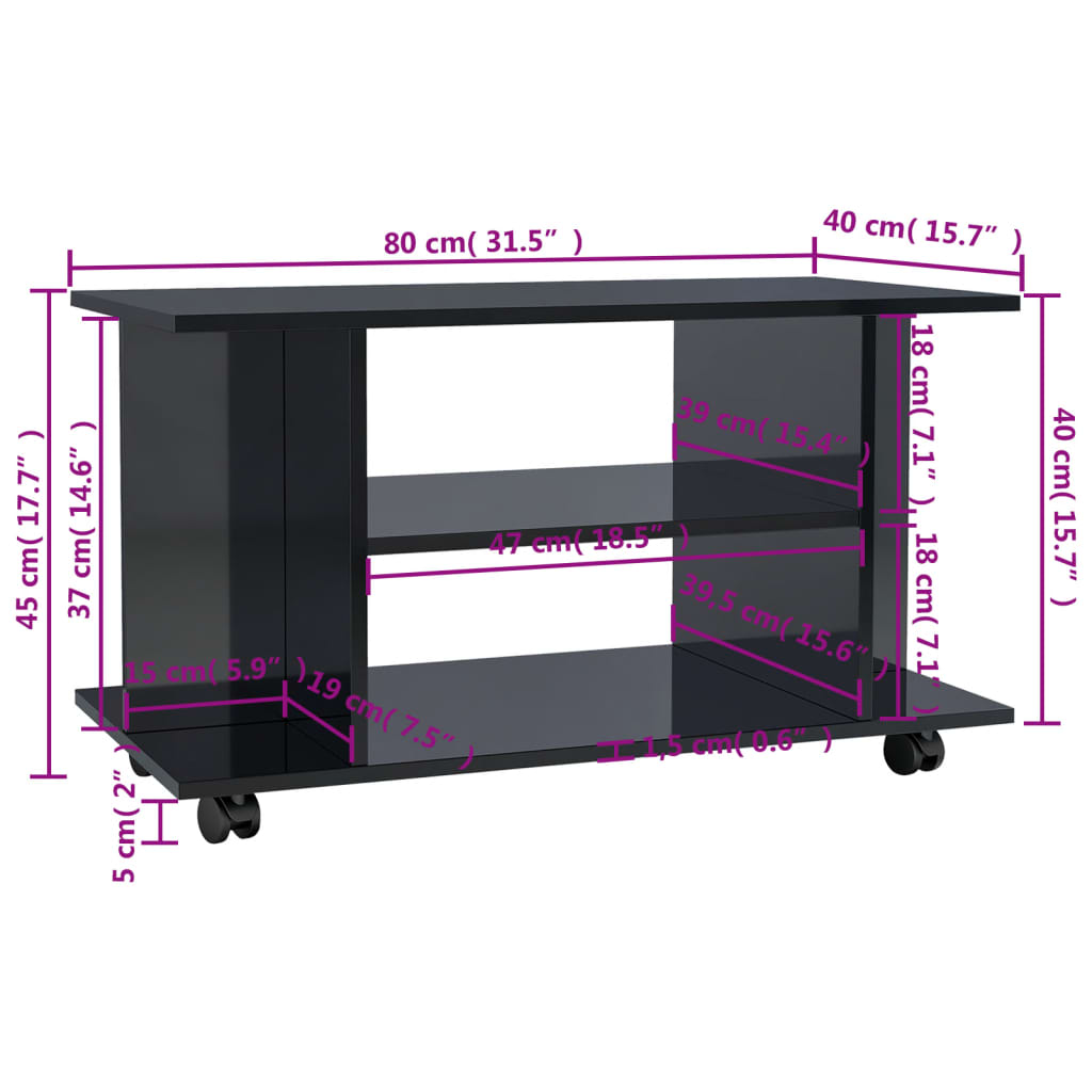 Móvel de TV com rodas 80x40x40cm contraplacado preto brilhante