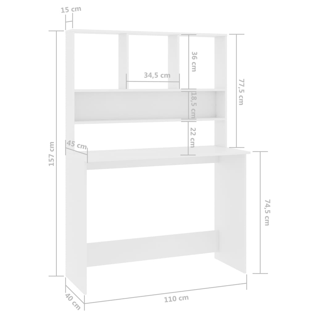 Secretária com prateleiras 110x45x157 cm contraplacado branco