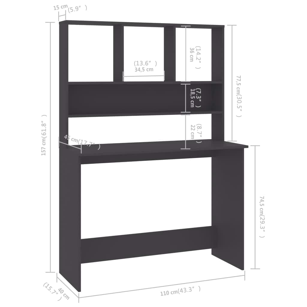 Secretária com prateleiras 110x45x157 cm contraplacado cinzento