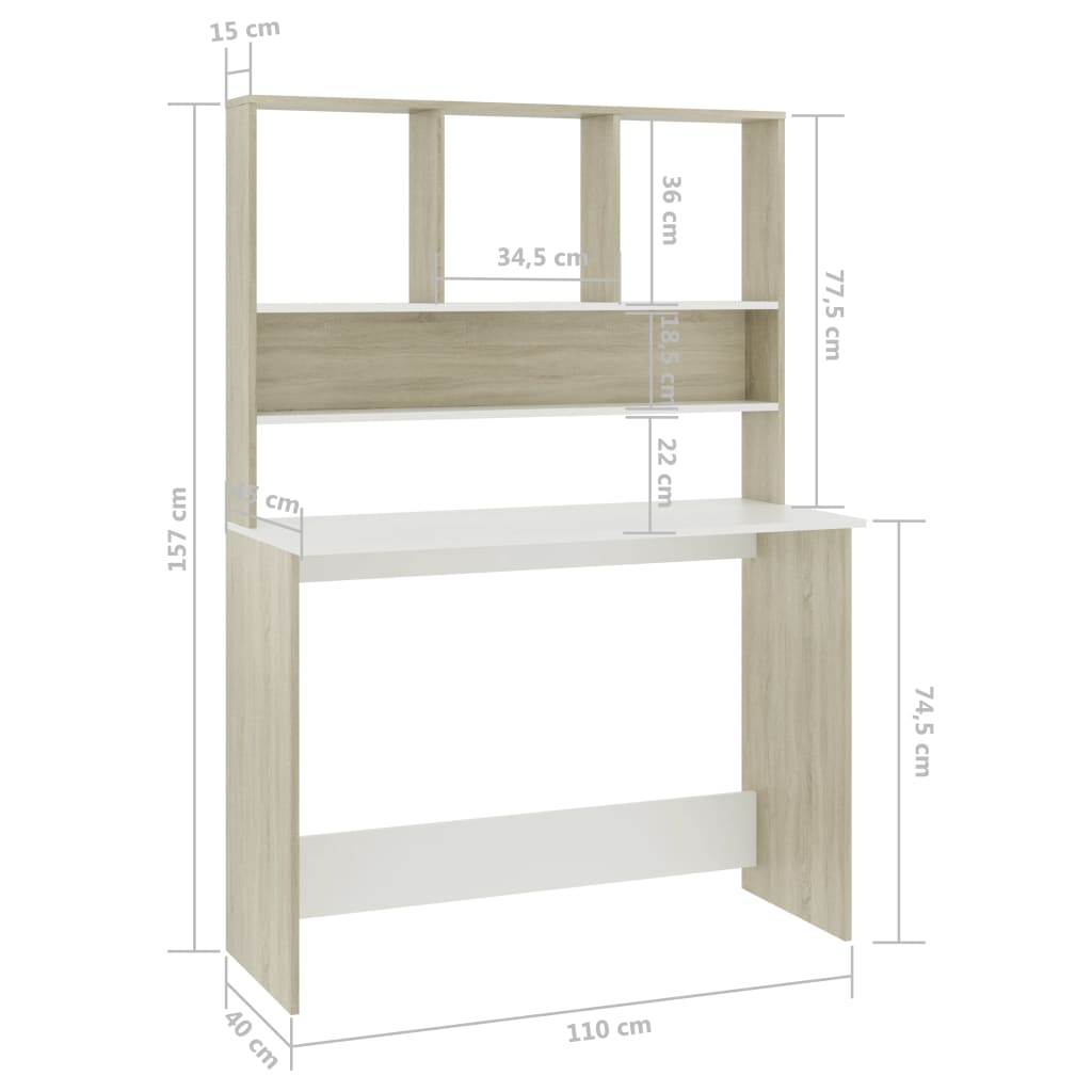 Secretária c/ prateleiras 110x45x157cm contrap. branco/carvalho