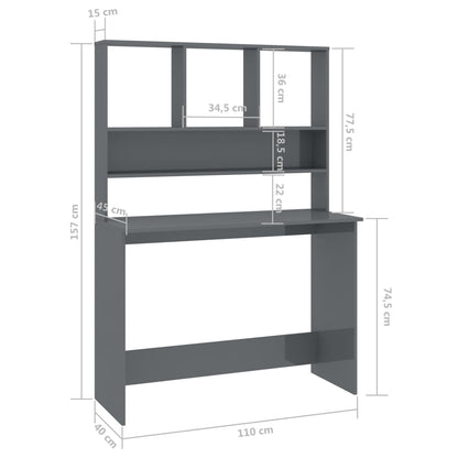 Secretária c/ prateleiras 110x45x157cm contrap. cinza brilhante