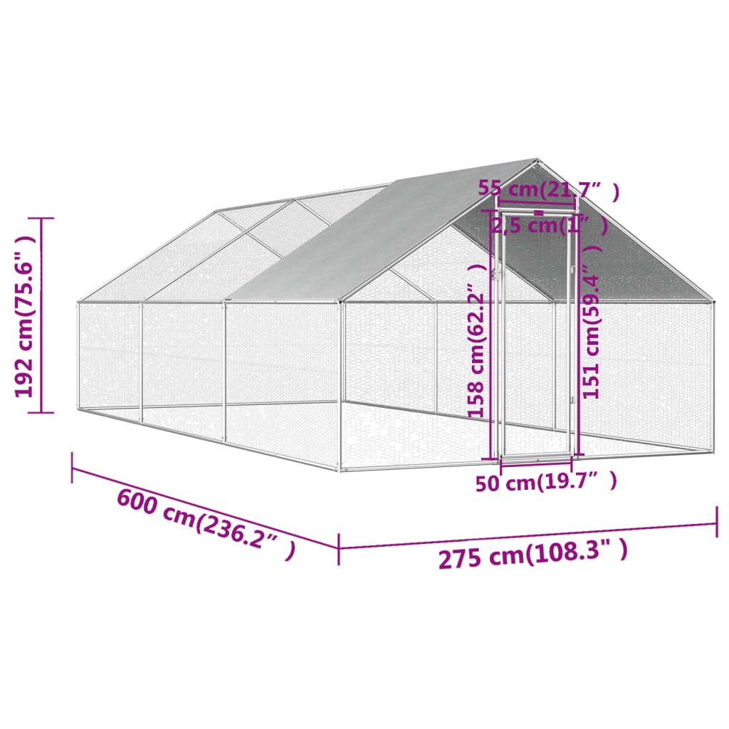 Galinheiro exterior em aço galvanizado 2,75x6x1,92 m