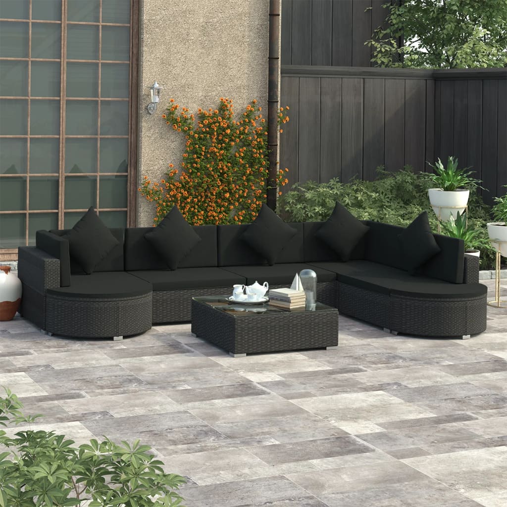 8 pcs conjunto lounge de jardim c/ almofadões vime PE preto