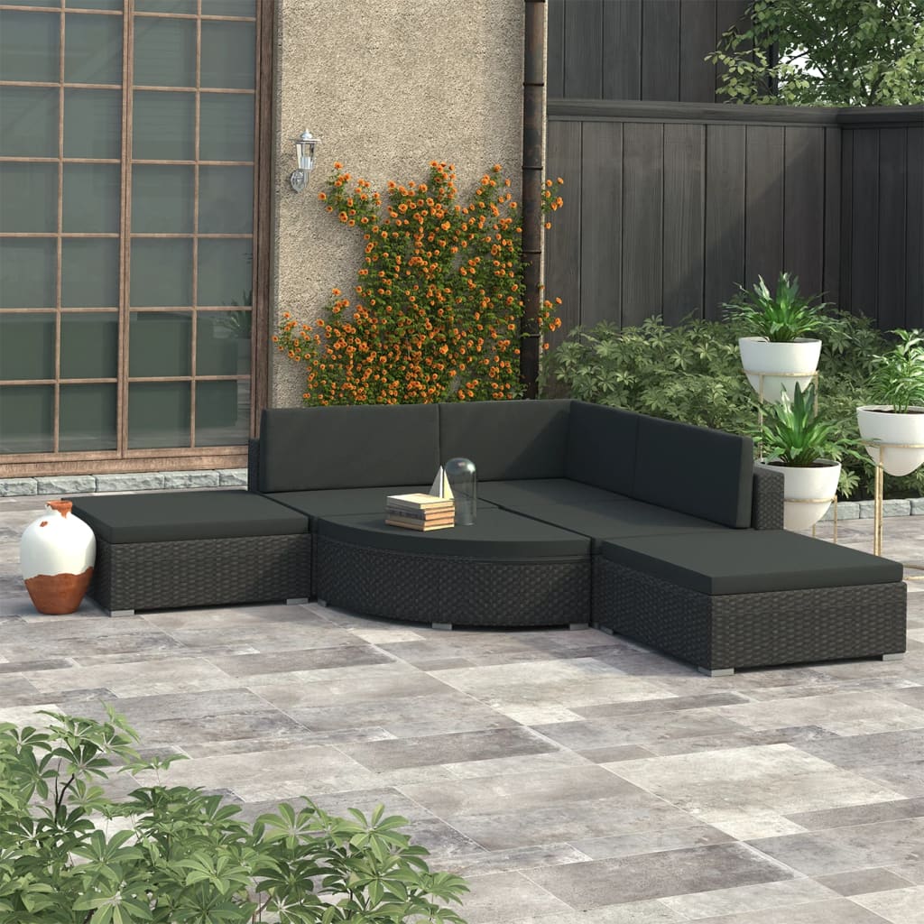 6 pcs conjunto lounge de jardim c/ almofadões vime PE preto