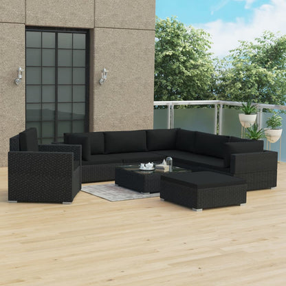 8 pcs conjunto lounge de jardim c/ almofadões vime PE preto