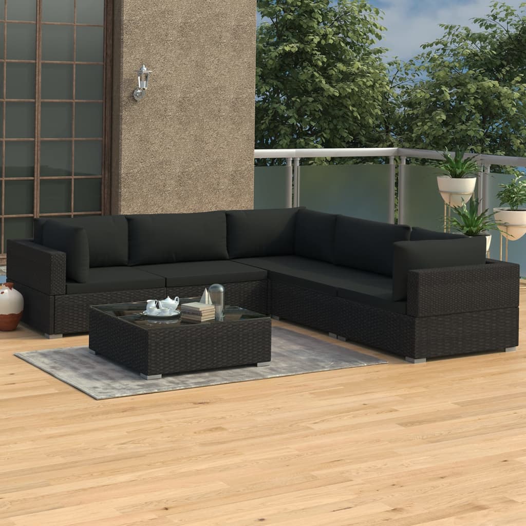 6 pcs conjunto lounge de jardim c/ almofadões vime PE preto