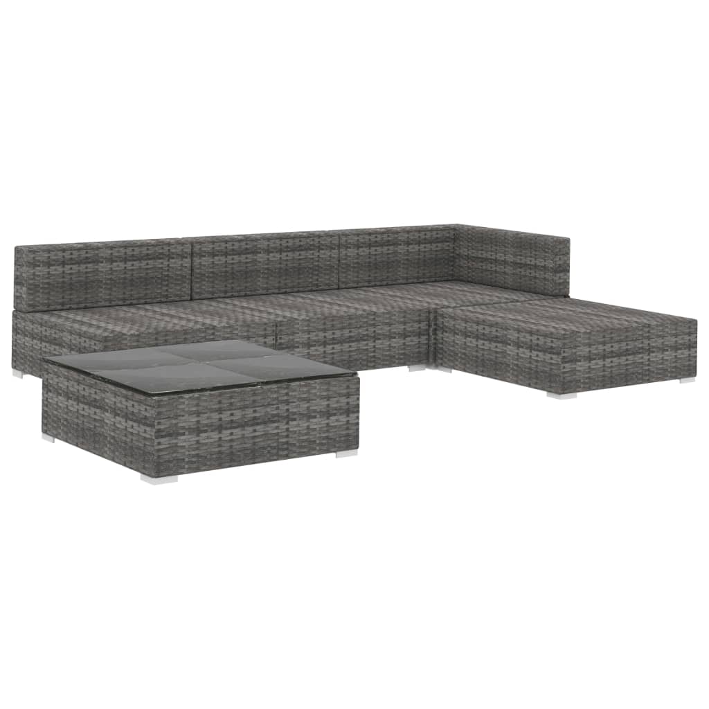 5 pcs conjunto lounge de jardim c/ almofadões vime PE cinzento