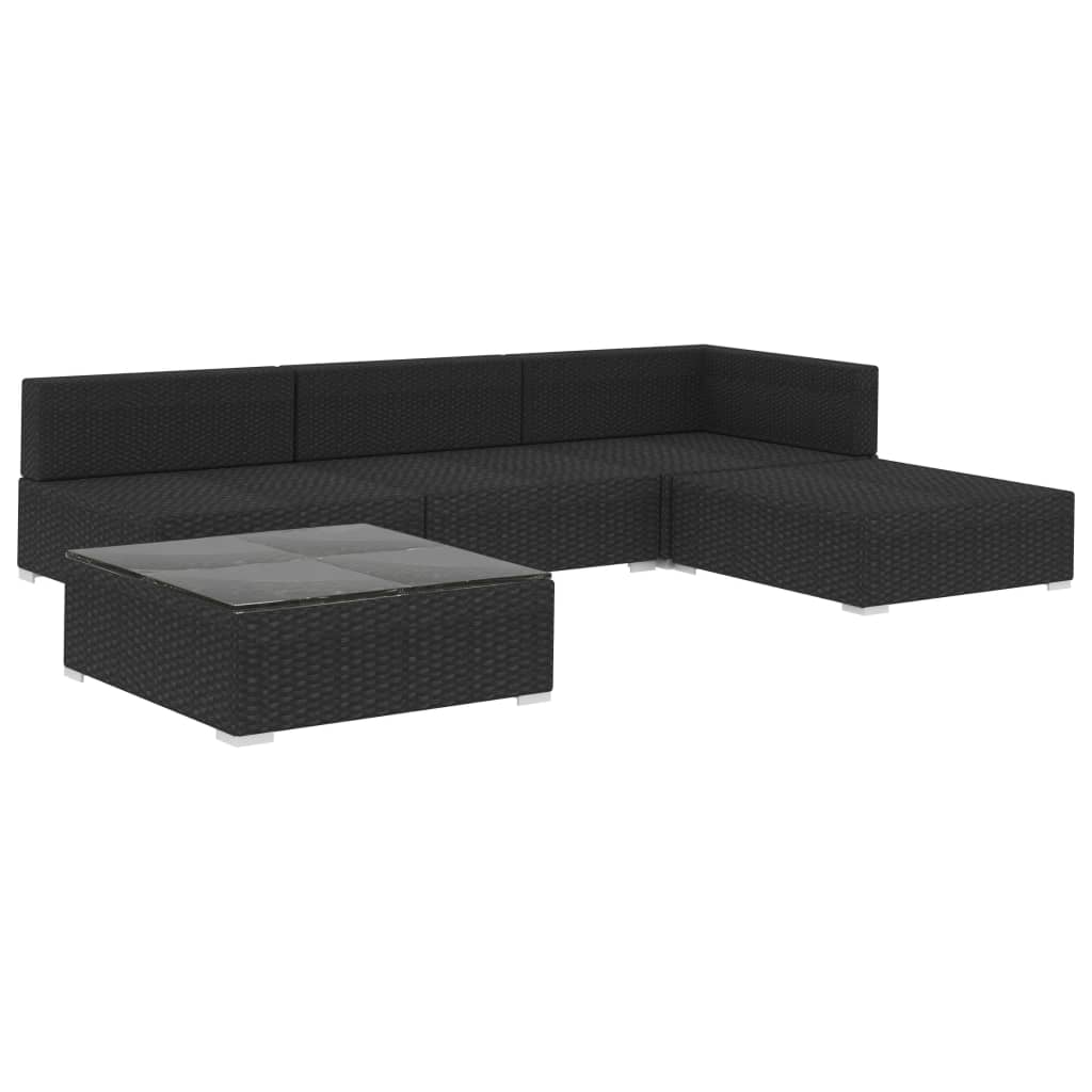 5 pcs conjunto lounge de jardim c/ almofadões vime PE preto