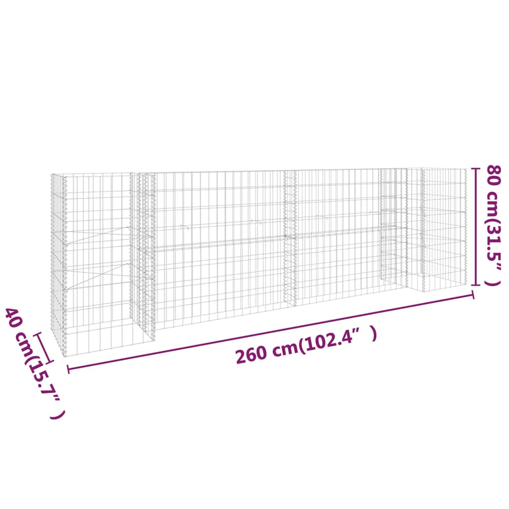 Gabião em forma de H fio de aço 260x40x80 cm