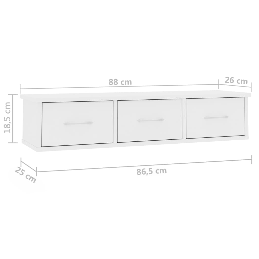 Prateleira gavetas p/ parede 88x26x18,5cm deriv. madeira branco